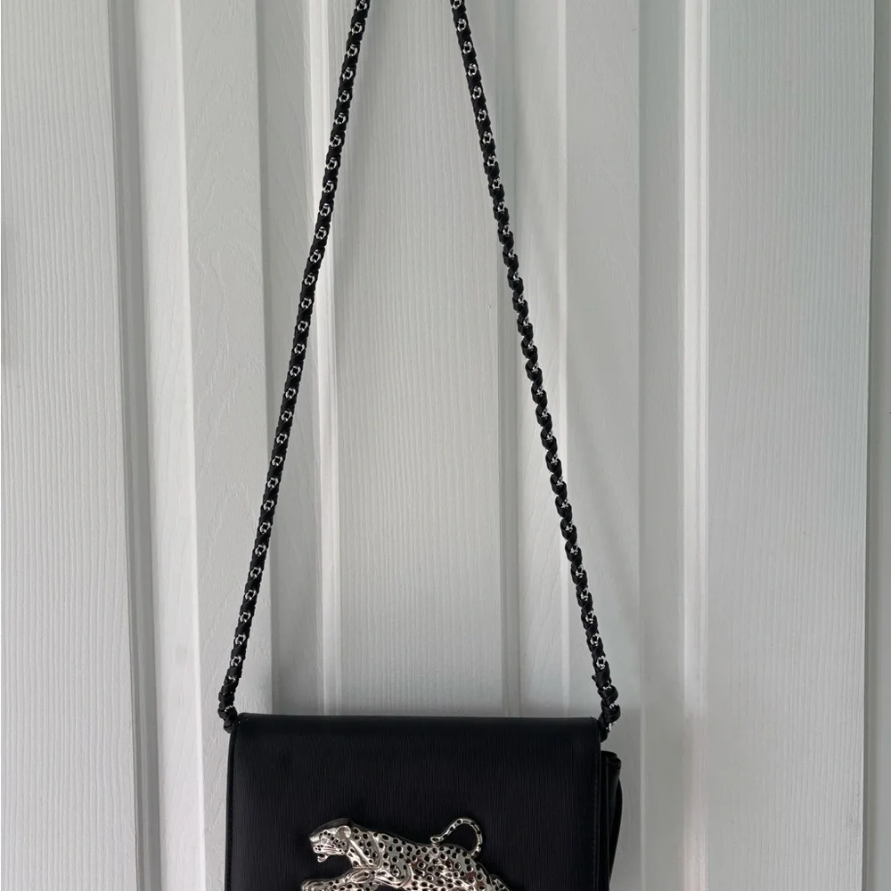 Black Designer Shoulder Bag with Leopard Accent - Picture 2 of 5